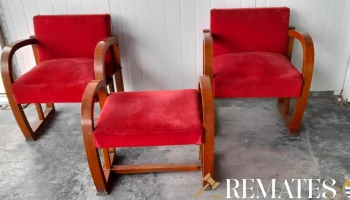 2 butacas y banqueta ardeco en paraiso tapizadas color rojo