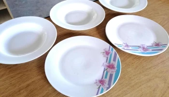 5 platos, 3 blancos y 2 con detalle celeste