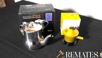 tetera de acero inox y  válvula para garrafa de 1 kg