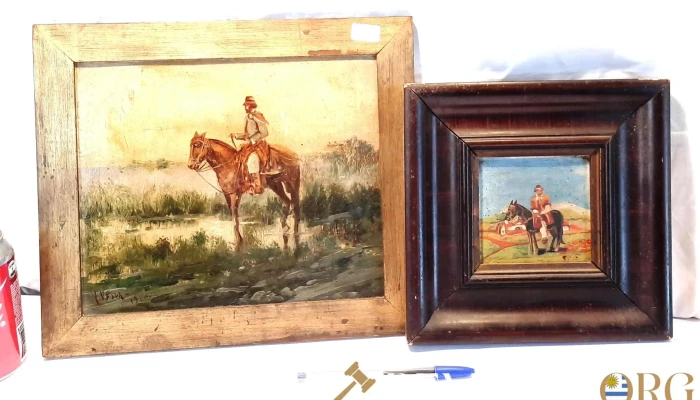 2 cuadritos Oleo motivo oleo montando a caballo 1 firmado M. Vella 1900