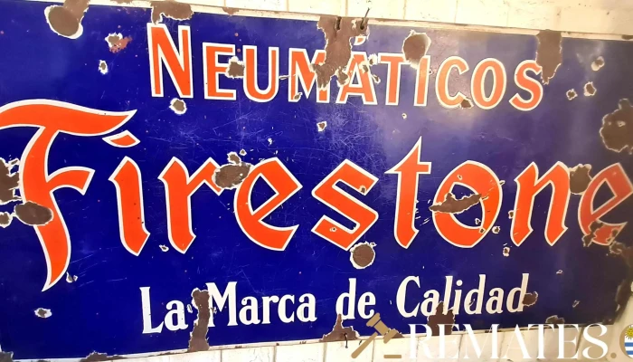 Gran cartel esmaltado antiguo Firestone 1.50 m x 0.73 m