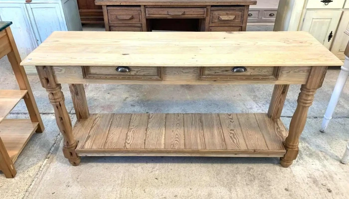 Mesa De Arrimo 2 Cajones, Patas Torneada En Pinotea 1,60 X 0,44 X 0,80