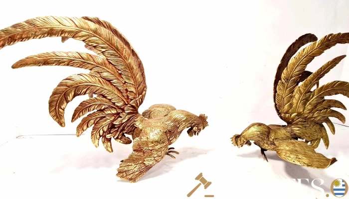 Pareja de gallos de riña bronce