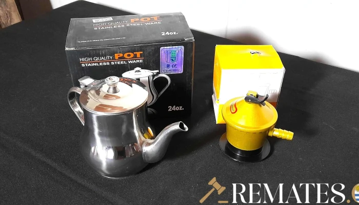 tetera de acero inox y  válvula para garrafa de 1 kg